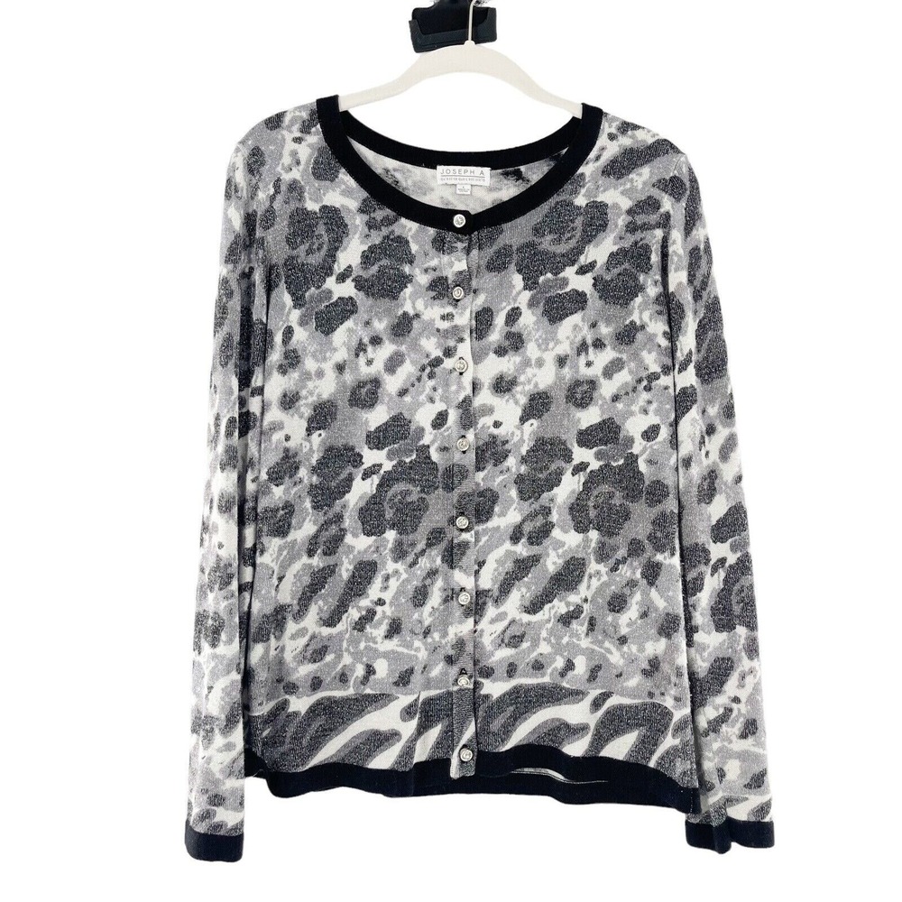 Joseph A. Black & White Animal Print Button-Front Cardigan Sweater L‎ Rhinestone